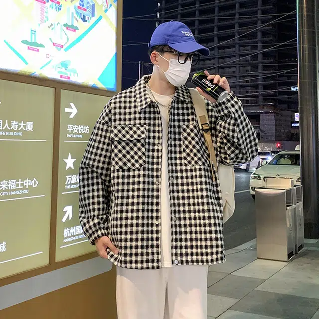 小格子翻领休闲宽松外套上衣夹克 男女同款