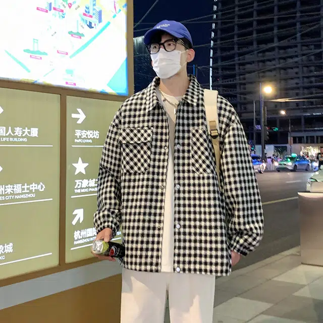 小格子翻领休闲宽松外套上衣夹克 男女同款