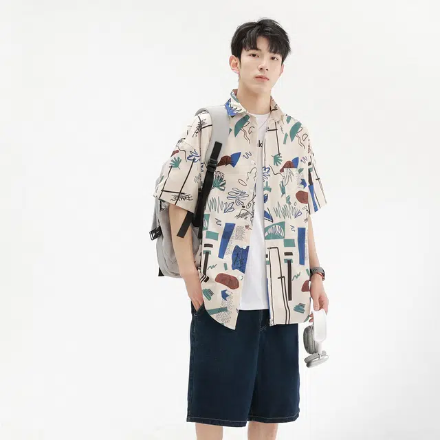 小众设计感痞帅宽松休闲美式花衬衣高级感夏威夷短袖衬衫 夏季 男女同款 大溪地杏