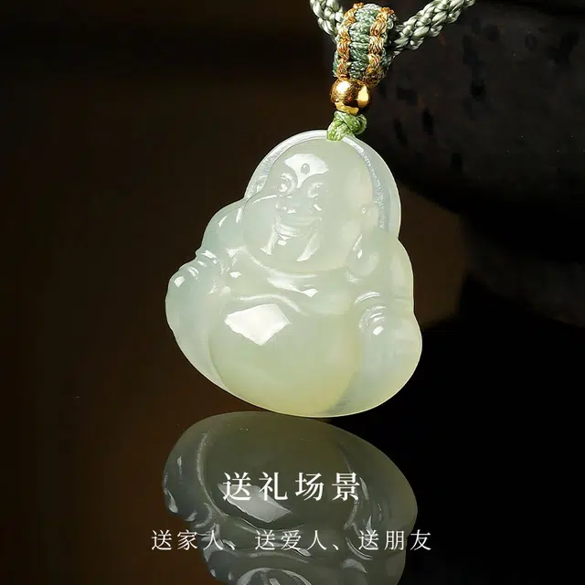 印象眸 弥勒笑佛公 和田玉 项链 女款 青白玉 新中式古风国潮经典简约玉吊坠 礼物