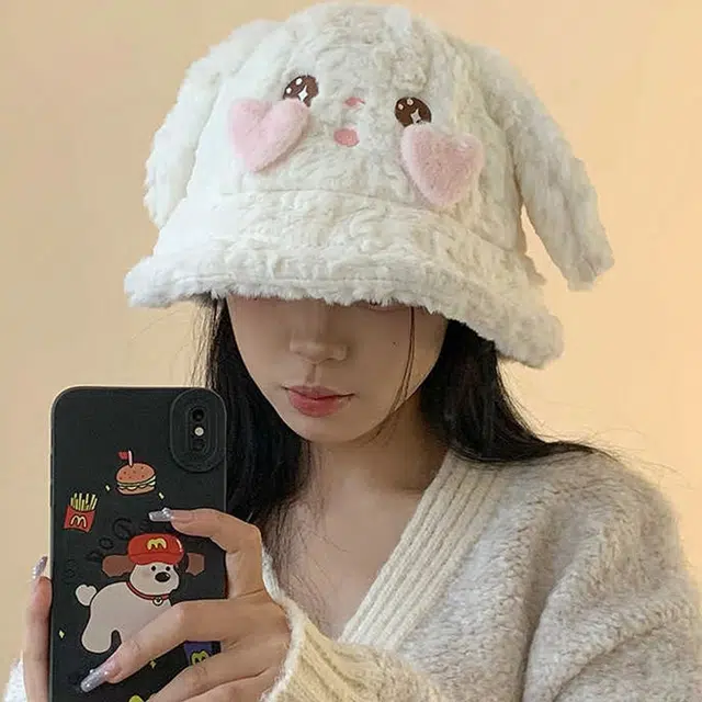 【可爱兔子】 雅鹿 甜美可爱兔耳毛绒帽秋冬季防寒保暖学生百搭显脸小护耳盆帽 聚酯纤维 渔夫帽 男女同款情侣款 礼盒装
