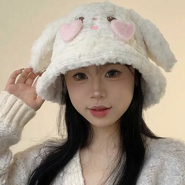 【可爱兔子】 雅鹿 甜美可爱兔耳毛绒帽秋冬季防寒保暖学生百搭显脸小护耳盆帽 聚酯纤维 渔夫帽 男女同款情侣款 礼盒装