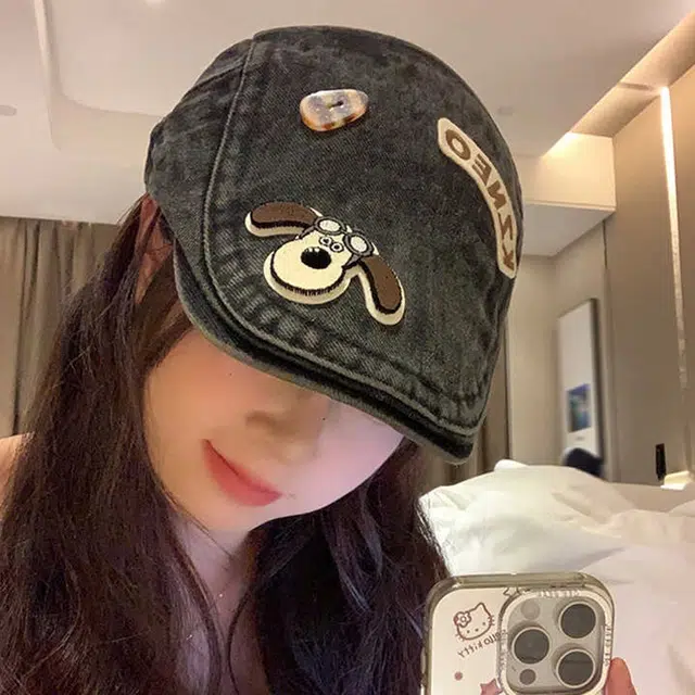 【可爱小狗】 雅鹿 日系可爱小狗前进帽春夏复古牛仔学生百搭显脸小画家帽 聚酯纤维 贝雷帽 女款 礼盒装