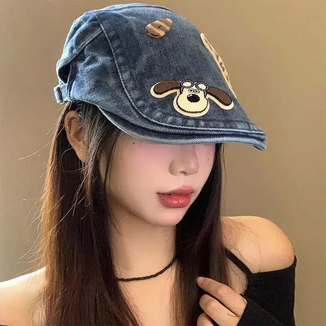 【可爱小狗】 雅鹿 日系可爱小狗前进帽春夏复古牛仔学生百搭显脸小画家帽 聚酯纤维 贝雷帽 女款 礼盒装