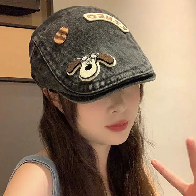 【可爱小狗】 雅鹿 日系可爱小狗前进帽春夏复古牛仔学生百搭显脸小画家帽 聚酯纤维 贝雷帽 女款 礼盒装