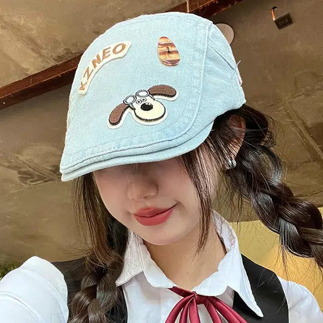【可爱小狗】 雅鹿 日系可爱小狗前进帽春夏复古牛仔学生百搭显脸小画家帽 聚酯纤维 贝雷帽 女款 礼盒装