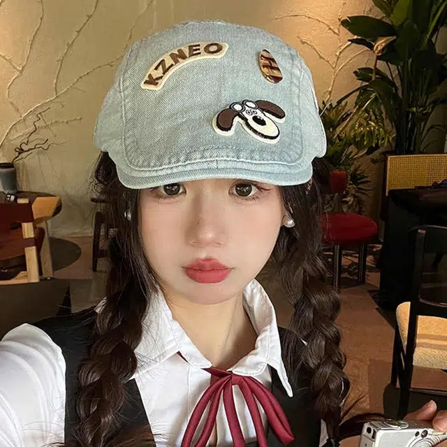 【可爱小狗】 雅鹿 日系可爱小狗前进帽春夏复古牛仔学生百搭显脸小画家帽 聚酯纤维 贝雷帽 女款 礼盒装