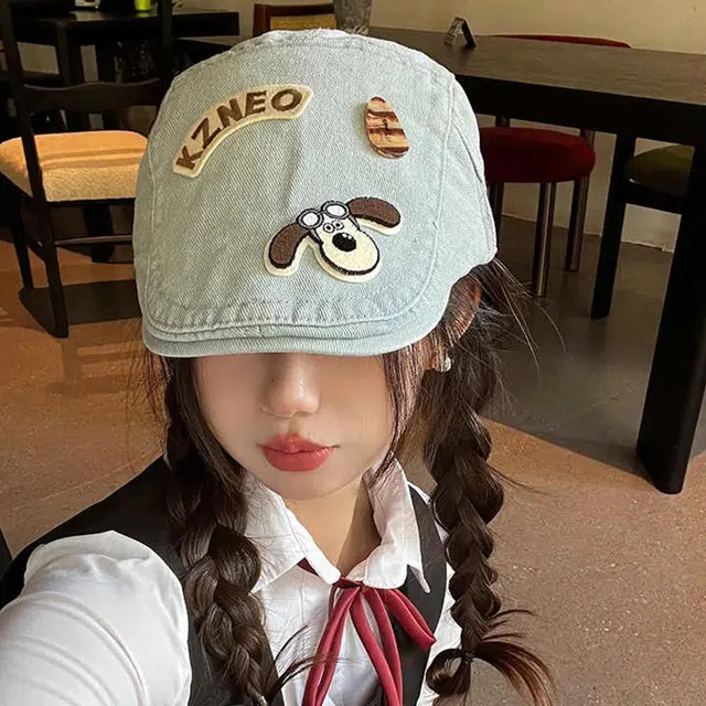 【可爱小狗】 雅鹿 日系可爱小狗前进帽春夏复古牛仔学生百搭显脸小画家帽 聚酯纤维 贝雷帽 女款 礼盒装