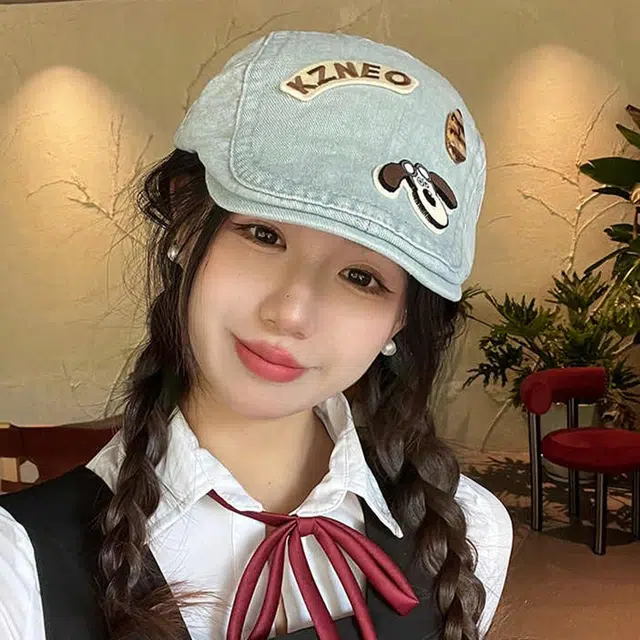 【可爱小狗】 雅鹿 日系可爱小狗前进帽春夏复古牛仔学生百搭显脸小画家帽 聚酯纤维 贝雷帽 女款 礼盒装