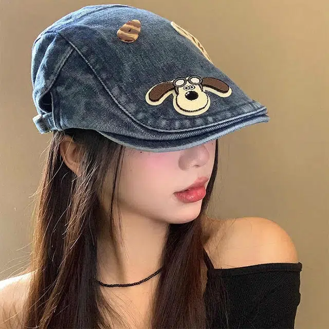 【可爱小狗】 雅鹿 日系可爱小狗前进帽春夏复古牛仔学生百搭显脸小画家帽 聚酯纤维 贝雷帽 女款 礼盒装