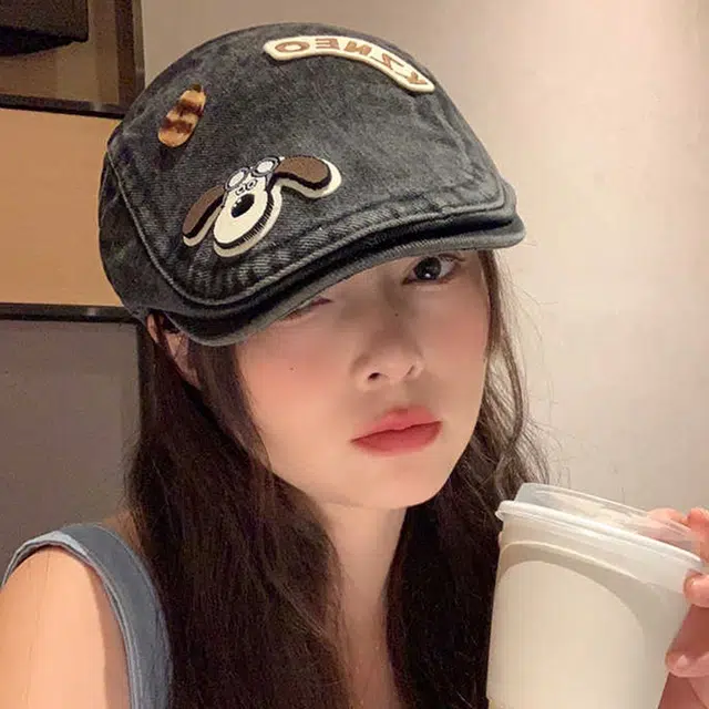 【可爱小狗】 雅鹿 日系可爱小狗前进帽春夏复古牛仔学生百搭显脸小画家帽 聚酯纤维 贝雷帽 女款 礼盒装