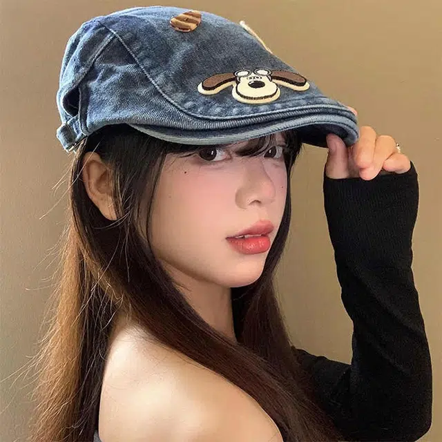 【可爱小狗】 雅鹿 日系可爱小狗前进帽春夏复古牛仔学生百搭显脸小画家帽 聚酯纤维 贝雷帽 女款 礼盒装