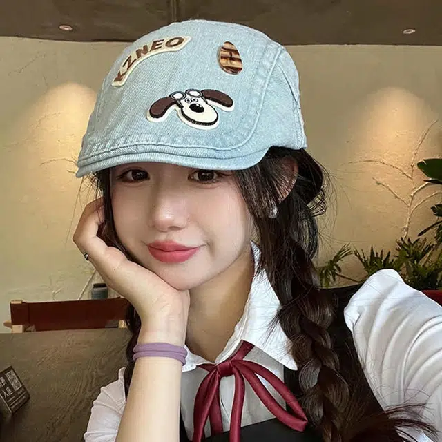 【可爱小狗】 雅鹿 日系可爱小狗前进帽春夏复古牛仔学生百搭显脸小画家帽 聚酯纤维 贝雷帽 女款 礼盒装