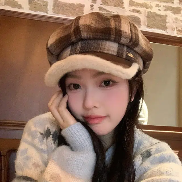 浪莎 复古格子毛绒贝雷帽女生冬季百搭加厚保暖八角帽显脸小蓓蕾帽子 涤纶 贝雷帽 女款