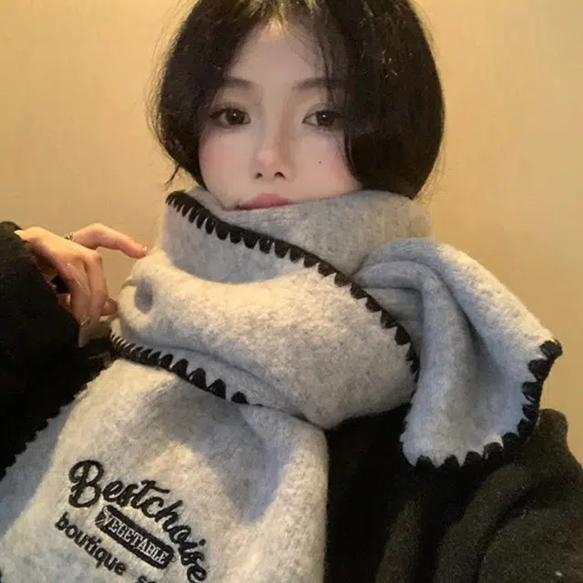 浪莎 高级感锁边字母刺绣锁边针织围巾韩系氛围感保暖护颈围脖 男女同款情侣款 礼盒装 绒线围巾 男女同款情侣款