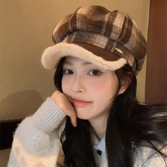 浪莎 复古格子毛绒贝雷帽女生冬季百搭加厚保暖八角帽显脸小蓓蕾帽子 涤纶 贝雷帽 女款