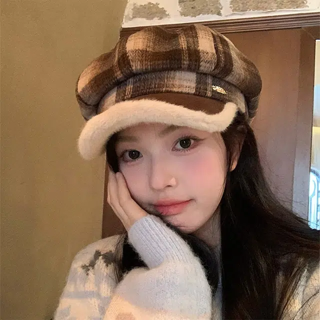 浪莎 复古格子毛绒贝雷帽女生冬季百搭加厚保暖八角帽显脸小蓓蕾帽子 涤纶 贝雷帽 女款