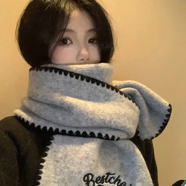 浪莎 高级感锁边字母刺绣锁边针织围巾韩系氛围感保暖护颈围脖 男女同款情侣款 礼盒装 绒线围巾 男女同款情侣款