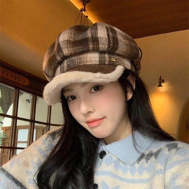 浪莎 复古格子毛绒贝雷帽女生冬季百搭加厚保暖八角帽显脸小蓓蕾帽子 涤纶 贝雷帽 女款