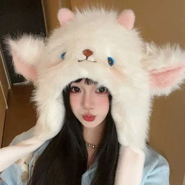 【耳朵会动】 雅鹿 可爱卡通小羊秋冬必备毛茸茸加绒加厚保暖捏捏护耳防寒帽 涤纶 绒线帽 男女同款情侣款 礼盒装