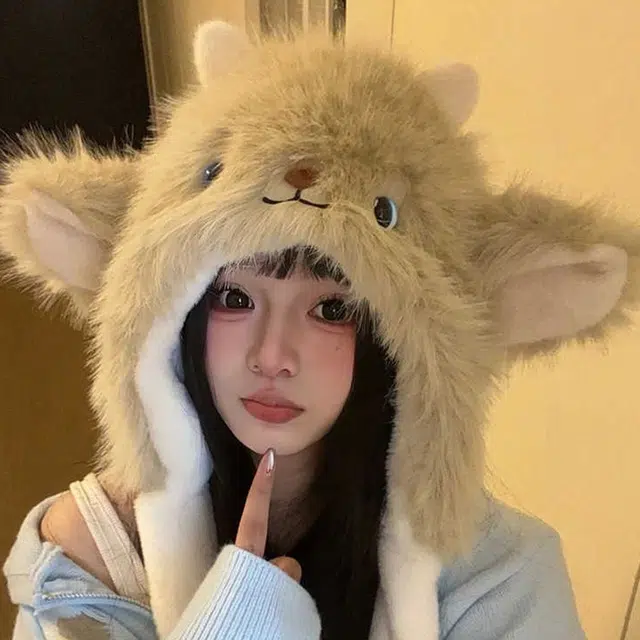 【耳朵会动】 雅鹿 可爱卡通小羊秋冬必备毛茸茸加绒加厚保暖捏捏护耳防寒帽 涤纶 绒线帽 男女同款情侣款 礼盒装