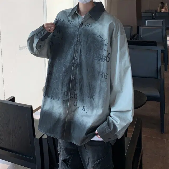 美式潮牌休闲巴黎风做旧百搭字母满印花高街长袖衬衫 男女同款 灰色