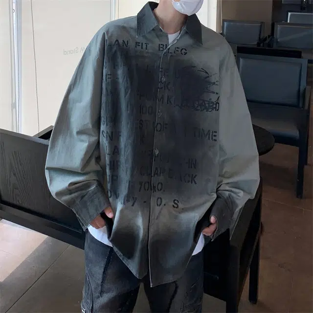 美式潮牌休闲巴黎风做旧百搭字母满印花高街长袖衬衫 男女同款 灰色