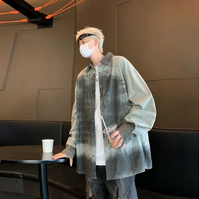 美式潮牌休闲巴黎风做旧百搭字母满印花高街长袖衬衫 男女同款 灰色