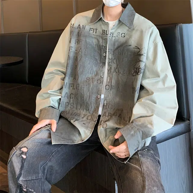 美式潮牌休闲巴黎风做旧百搭字母满印花高街长袖衬衫 男女同款 灰色