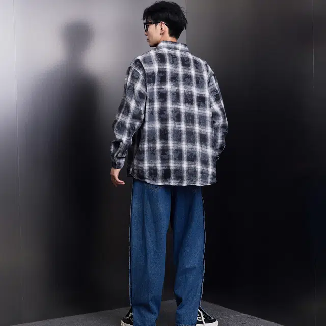日系学院风复古格子翻领纽扣落肩宽松休闲简约长袖衬衫 男女同款