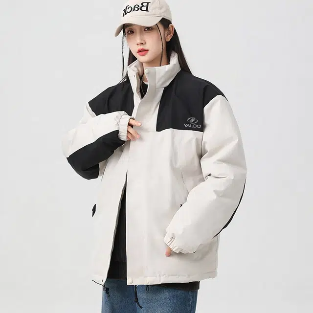 雅鹿 简约撞色拼接户外机能风三防保暖石墨烯锁温宽松立领加厚夹克外套 男女同款
