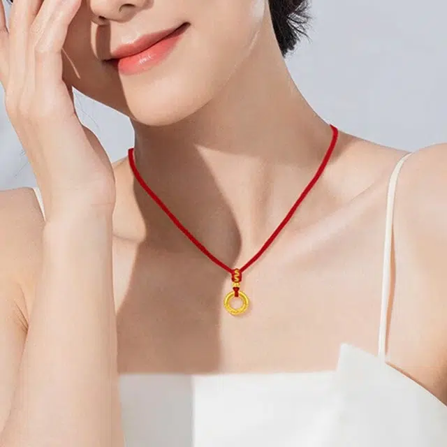 完美爱 黄金古法如意金箍平安扣锁骨链 祥云如意本命年转运珠硬金编织黑绳  新中式国潮小众轻奢 足金 一口价 项链 男女同款情侣款