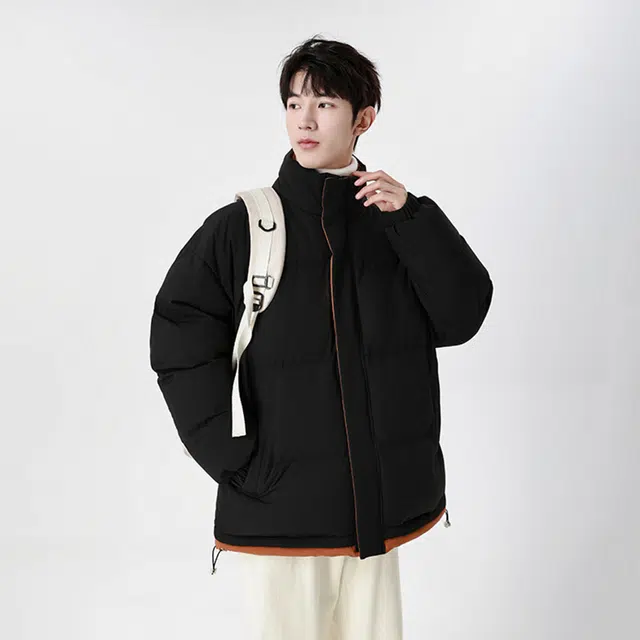 玉儿恋 美式复古基础款拼接撞色面包服立领保暖加厚纯色简约抽绳防风外套宽松学生党棉衣假两件棉服 男女同款
