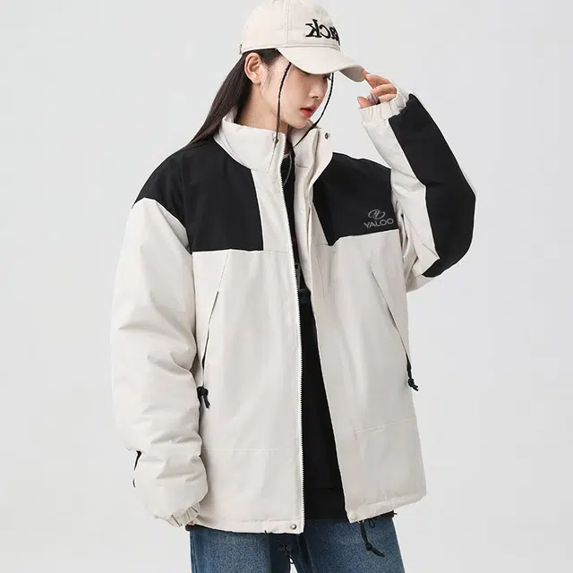 雅鹿 简约撞色拼接户外机能风三防保暖石墨烯锁温宽松立领加厚夹克外套 男女同款