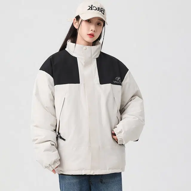 雅鹿 简约撞色拼接户外机能风三防保暖石墨烯锁温宽松立领加厚夹克外套 男女同款