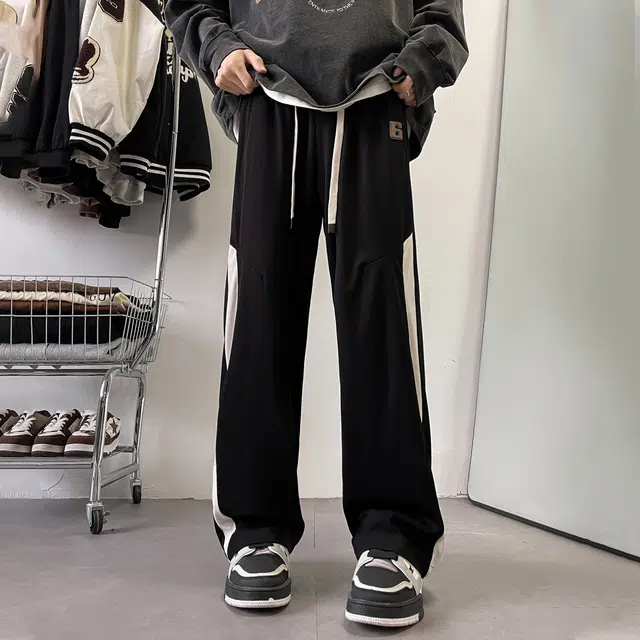 玉儿恋 美式复古嘻哈街头侧边拼接刺绣百搭抽绳宽松垂感直筒百搭休闲裤 男女同款