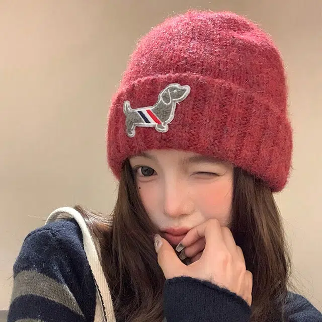 浪莎 小狗针织帽子女生秋冬款保暖防寒显脸小大头围毛线帽 涤纶 绒线帽 女款