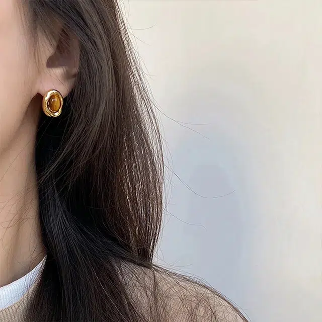七度银饰 焦糖栗子美拉德几何氛围感复古耳饰 玻璃猫眼 耳钉 女款