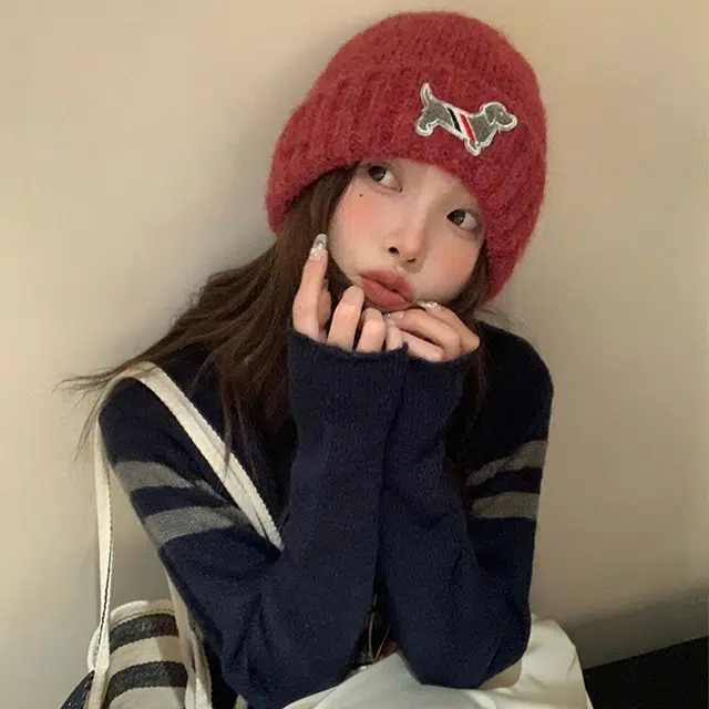 浪莎 小狗针织帽子女生秋冬款保暖防寒显脸小大头围毛线帽 涤纶 绒线帽 女款