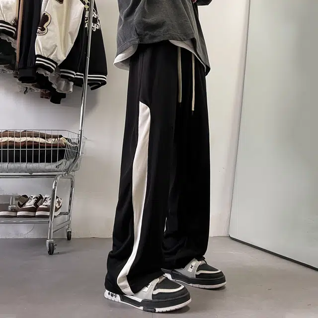 玉儿恋 美式复古嘻哈街头侧边拼接刺绣百搭抽绳宽松垂感直筒百搭休闲裤 男女同款