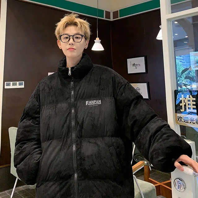 玉儿恋 美式复古高街纯色宽松落肩立领加绒加厚毛绒感面包棉服 男女同款