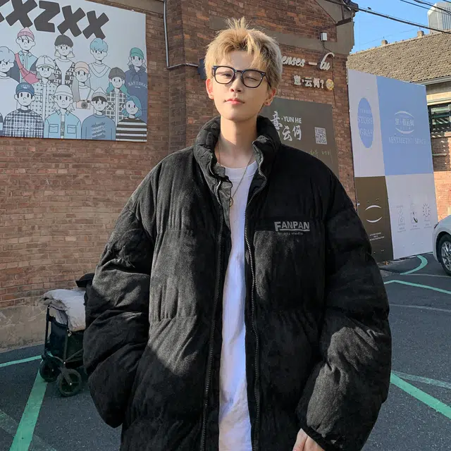 玉儿恋 美式复古高街纯色宽松落肩立领加绒加厚毛绒感面包棉服 男女同款