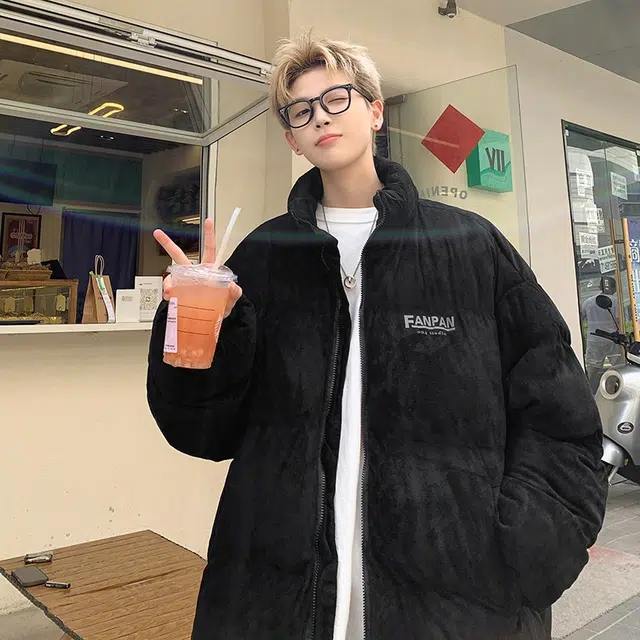 玉儿恋 美式复古高街纯色宽松落肩立领加绒加厚毛绒感面包棉服 男女同款