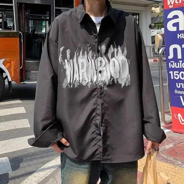 极限涡轮 美式复古艺术个性涂鸦字母印花宽松休闲百搭长袖衬衫 男女同款