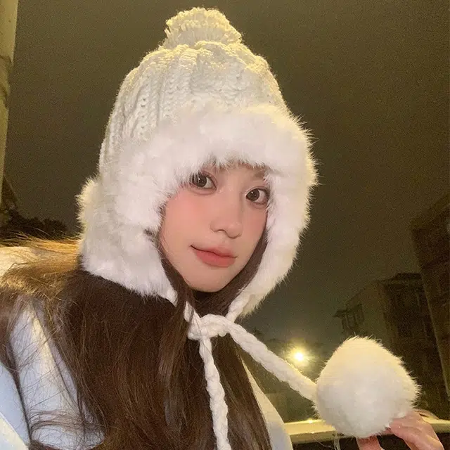 浪莎 纯欲风滑雪可爱毛球兔毛雷锋帽女生冬季针织加厚保暖显脸小护耳毛线帽 涤纶 绒线帽 女款