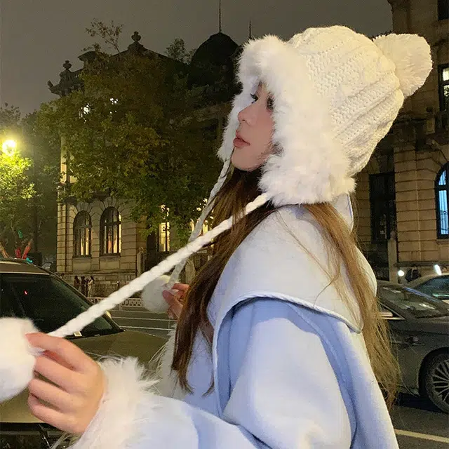 浪莎 纯欲风滑雪可爱毛球兔毛雷锋帽女生冬季针织加厚保暖显脸小护耳毛线帽 涤纶 绒线帽 女款