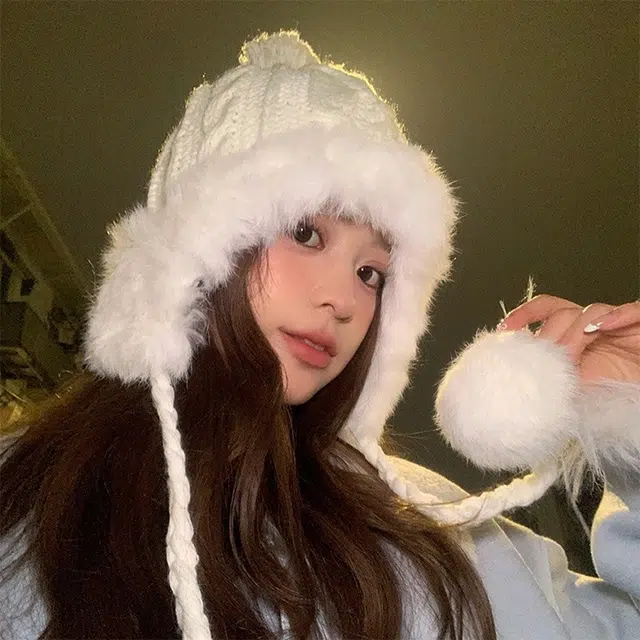 浪莎 纯欲风滑雪可爱毛球兔毛雷锋帽女生冬季针织加厚保暖显脸小护耳毛线帽 涤纶 绒线帽 女款