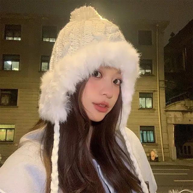 浪莎 纯欲风滑雪可爱毛球兔毛雷锋帽女生冬季针织加厚保暖显脸小护耳毛线帽 涤纶 绒线帽 女款