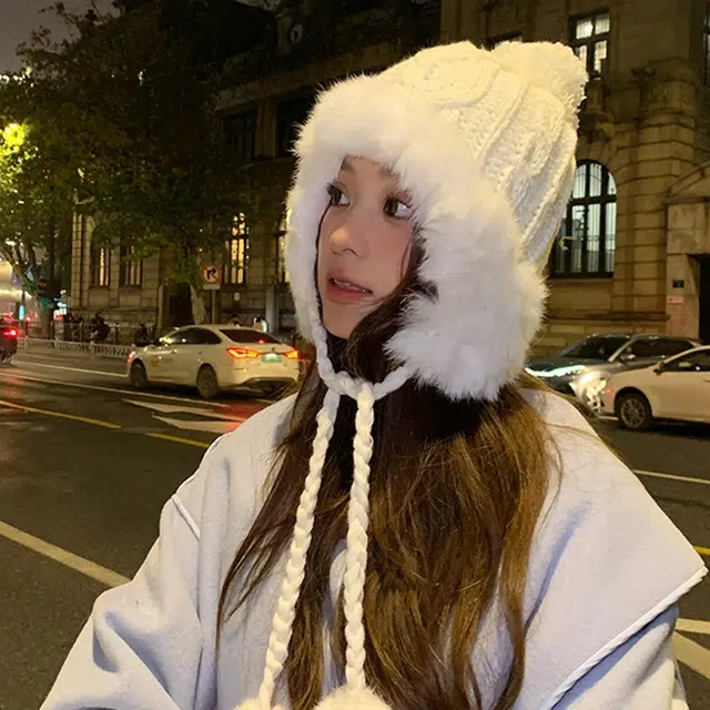 浪莎 纯欲风滑雪可爱毛球兔毛雷锋帽女生冬季针织加厚保暖显脸小护耳毛线帽 涤纶 绒线帽 女款