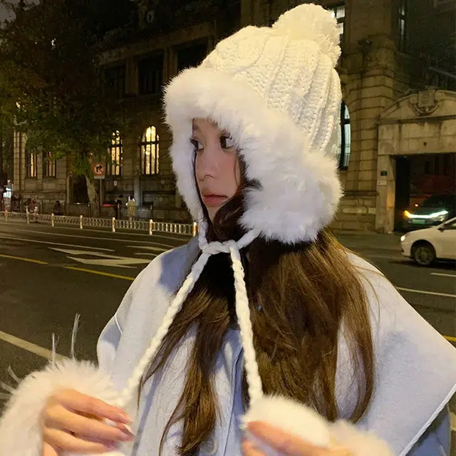 浪莎 纯欲风滑雪可爱毛球兔毛雷锋帽女生冬季针织加厚保暖显脸小护耳毛线帽 涤纶 绒线帽 女款